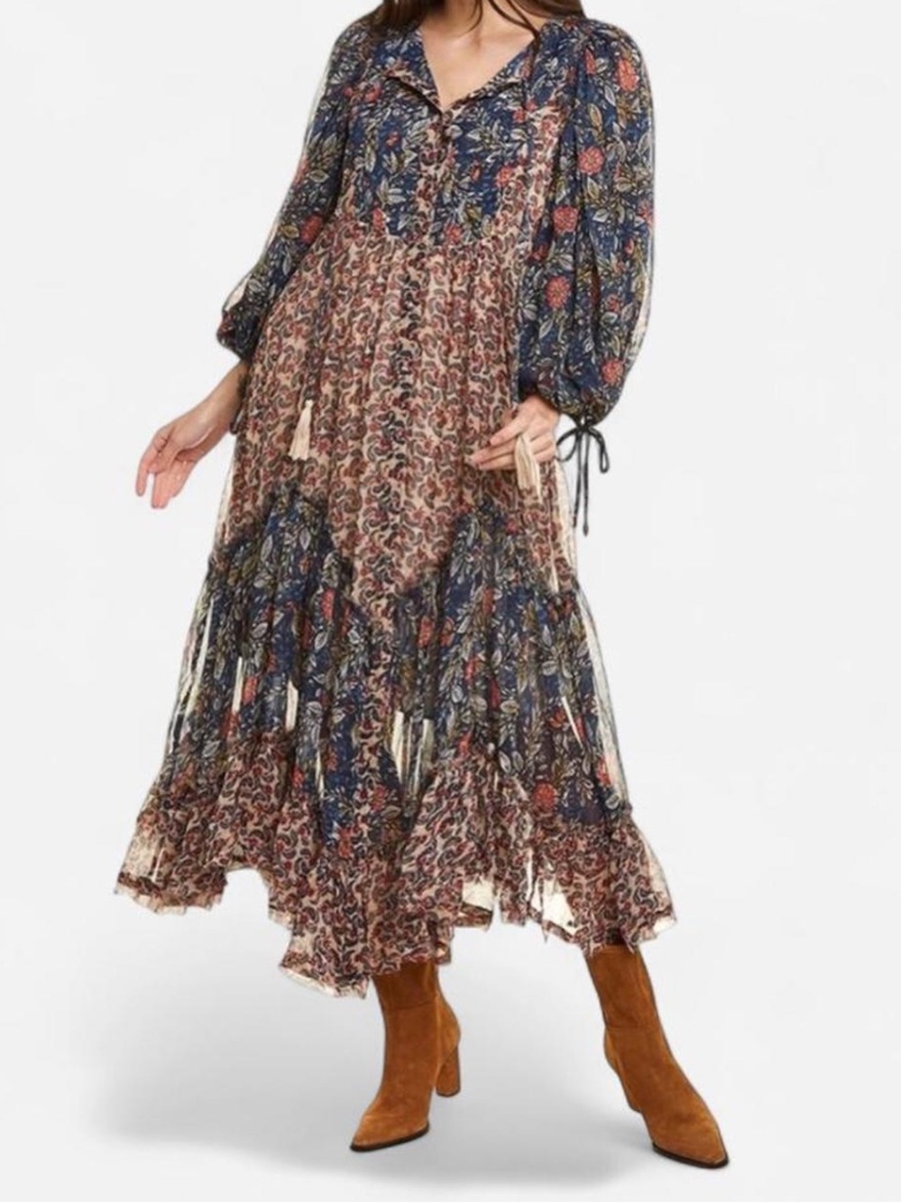 Free People Estella chiffon Maxi Dress sz L boho prairie cottage ethereal flowy - Picture 2 of 9